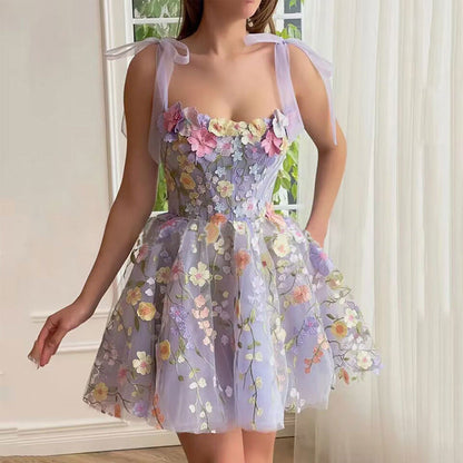 Vestido camisero sexy de organza con bordado floral tridimensional para mujer