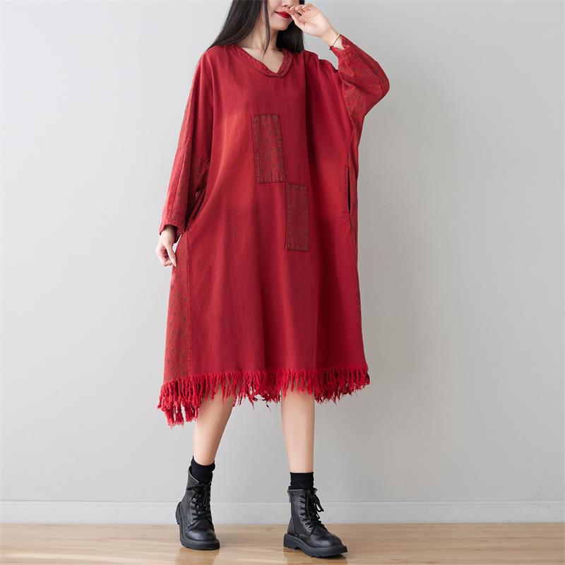 Suéter largo con borlas y cuello en V, parche de lunares lavados, vestido de manga larga adelgazante