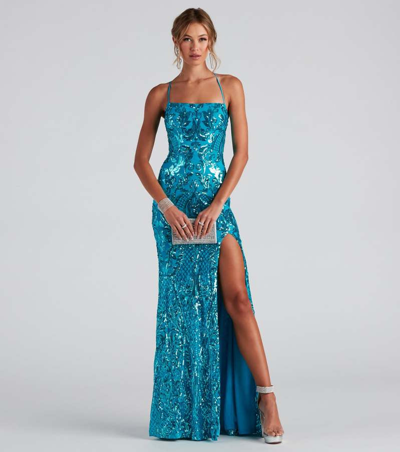 Vestido de noche sexy con lentejuelas y escote descubierto, elegante vestido de cóctel con abertura.