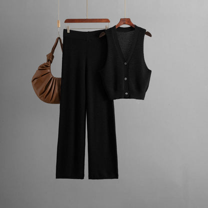 Fashionable Knitted Women Summer V neck Sleeveless Vest High Waist Straight Pants Two Piece Set