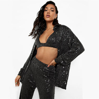 Conjunto de tres piezas formado por camiseta y pantalón de pierna recta y escote en V, para mujer, de manga larga y lentejuelas, para fiesta, primavera y verano