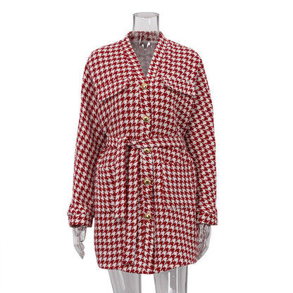 Ropa de mujer Otoño Invierno Traje Chanel Mujer Pata de Gallo Lazo Delantero Falda Cadera Conjunto de Dos Piezas