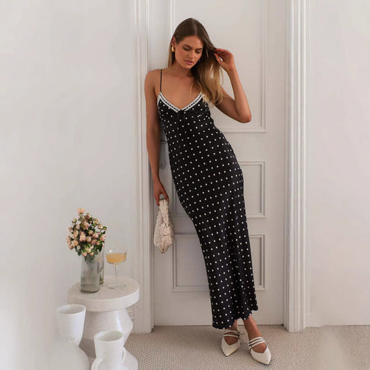 Printing Sleeveless Sling Neckline Stitching Lace Long Slim Fit Dress