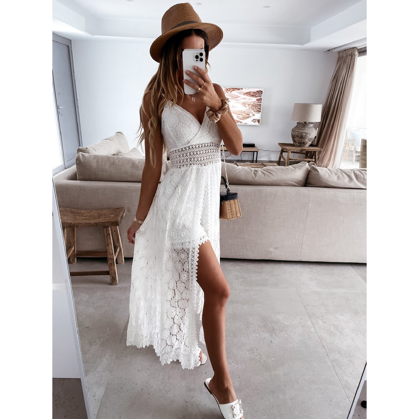 Mono informal sexy con tirantes y costuras para casa, para vacaciones, con aberturas