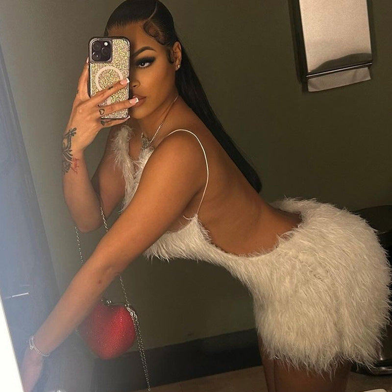 Vestido tubo sexy con aberturas y espalda descubierta para mujer, con cremallera, color liso y peludo