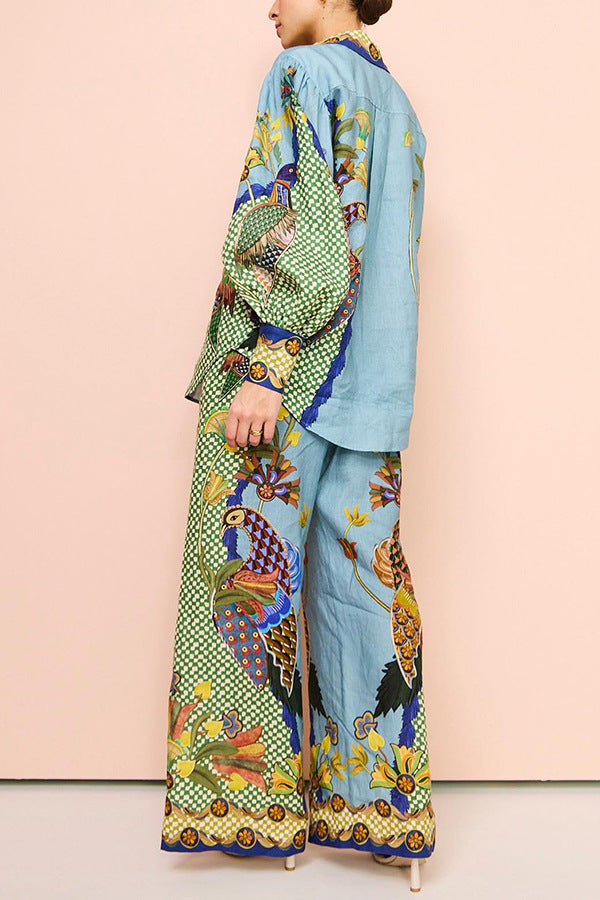 Traje de dos piezas de encaje con mangas abullonadas y estampado personalizado de otoño para mujer, artesanía amplificada
