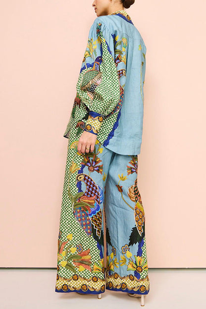 Traje de dos piezas de encaje con mangas abullonadas y estampado personalizado de otoño para mujer, artesanía amplificada