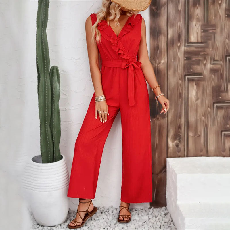 Pantalones anchos con volantes y rayas de jacquard para mujer, pantalones casuales rectos sin mangas con cinturón para mujer, mono para mujer