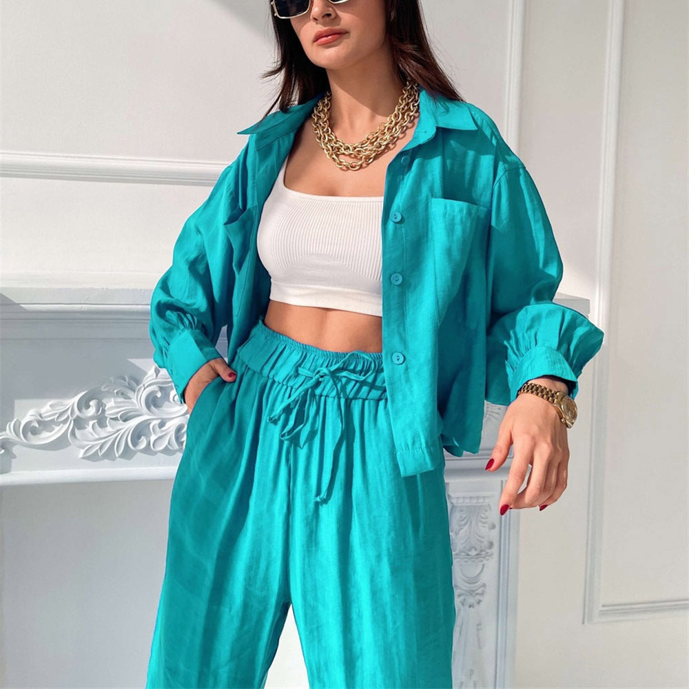 Conjunto informal de dos piezas para mujer, con cuello tipo polo, camisa y pantalones anchos con abertura en la parte superior, para primavera y verano