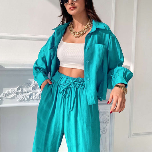 Conjunto informal de dos piezas para mujer, con cuello tipo polo, camisa y pantalones anchos con abertura en la parte superior, para primavera y verano