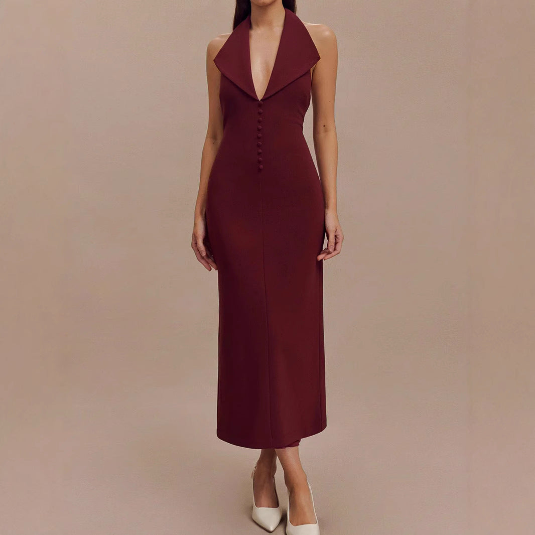 Vestido midi sexy con escote en V y espalda descubierta para mujer