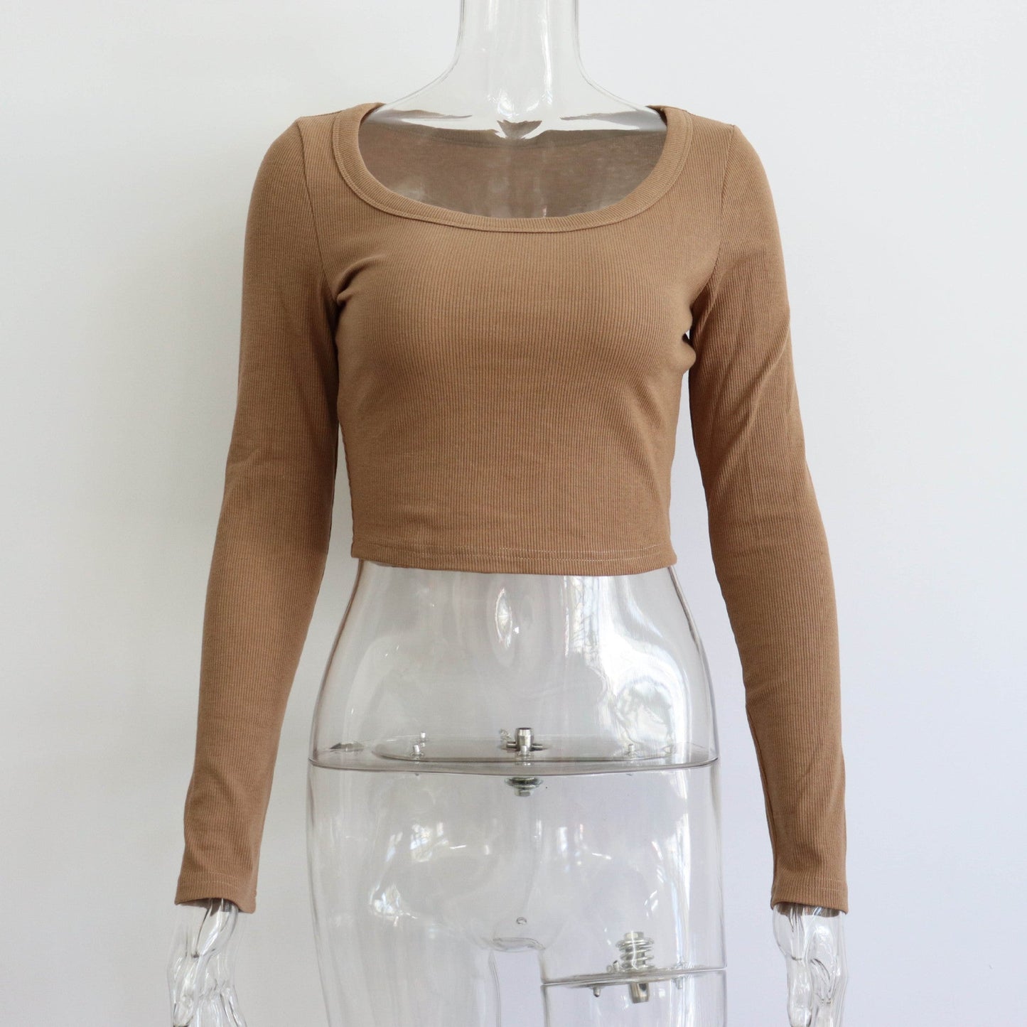 Top corto de canalé de manga larga con cuello redondo grande para mujer, informal, sexy, para otoño e invierno, tejido de punto, top ajustado de calle