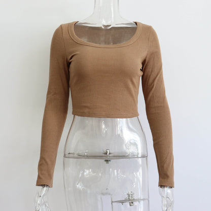 Top corto de canalé de manga larga con cuello redondo grande para mujer, informal, sexy, para otoño e invierno, tejido de punto, top ajustado de calle