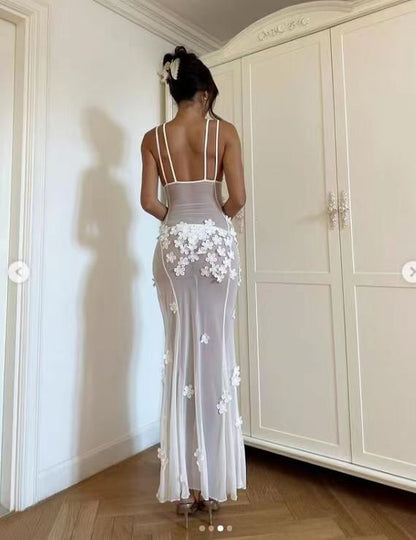 Vestido de encaje con escote en V y costuras sin mangas para mujer, con abertura en la cintura