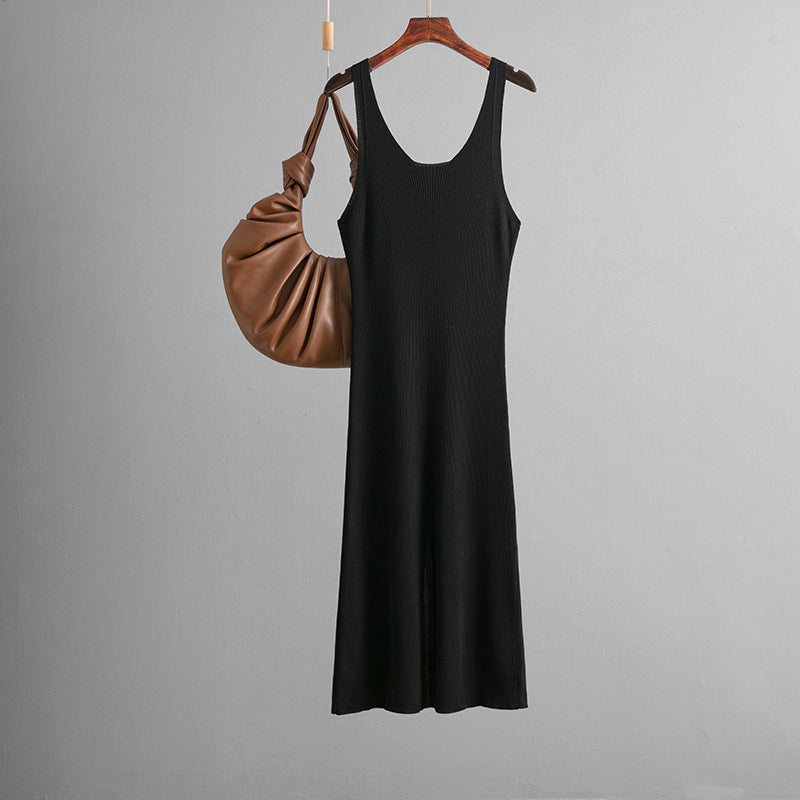 Vestido maxi sexy de punto con tirantes, de verano, de color liso, con abertura en la espalda