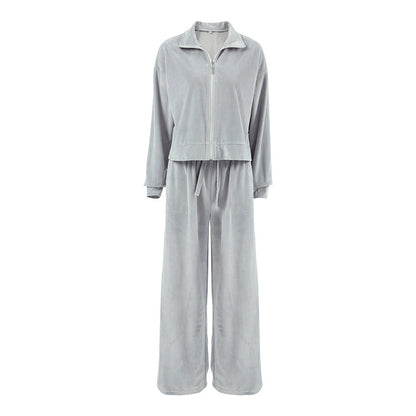 Collared Long Sleeved Trousers Loose Sweater Autumn Winter Two Piece Set