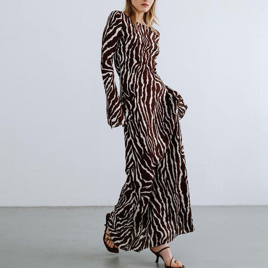 Striped Printing Loose Dress Casual round Neck Long Sleeve Dress Women Autumn Winter