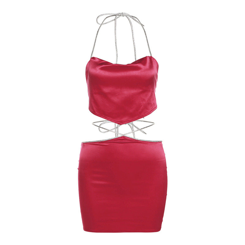 Conjunto de ropa de primavera para mujer, camiseta sin mangas ajustada con cuello halter y espalda descubierta, cintura alta, sexy, con bolsa de cadera y falda