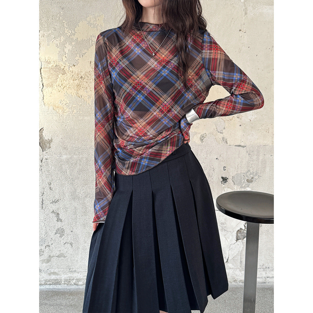 Camiseta de malla a cuadros para mujer, top sexy plisado con cintura ajustada y adelgazante para primavera