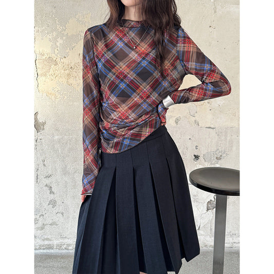 Camiseta de malla a cuadros para mujer, top sexy plisado con cintura ajustada y adelgazante para primavera