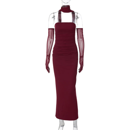 Women Clothing Autumn Winter Sexy Tube Top Dress Mesh Oversleeve Dress Women