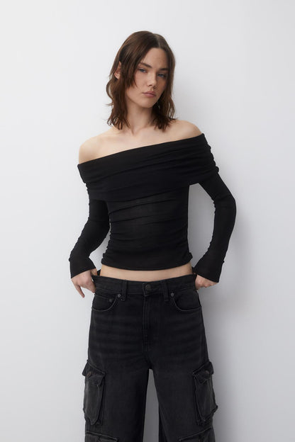 Camiseta sexy de manga larga sin tirantes, color sólido, elegante, sexy, ajustada, top corto