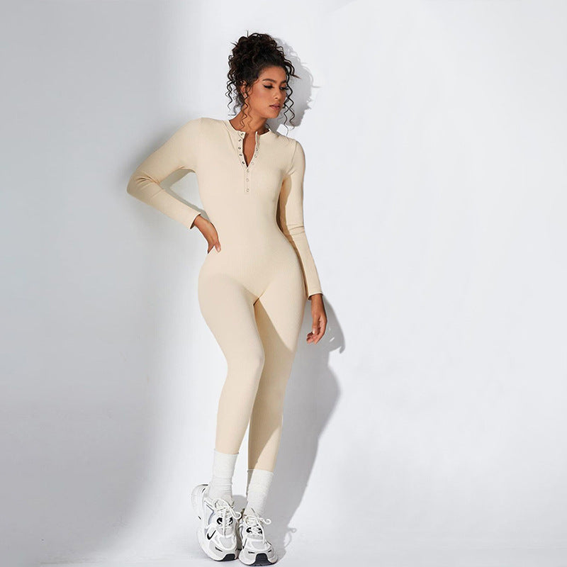 Ropa de invierno para mujer, pantalones casuales de una pieza ajustados con botones y cuello redondo de manga larga y tejido acanalado de color liso