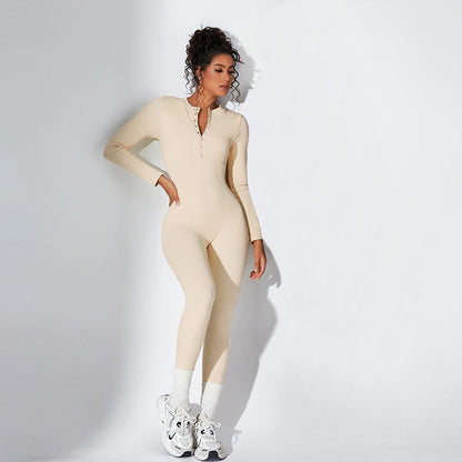 Ropa de invierno para mujer, pantalones casuales de una pieza ajustados con botones y cuello redondo de manga larga y tejido acanalado de color liso