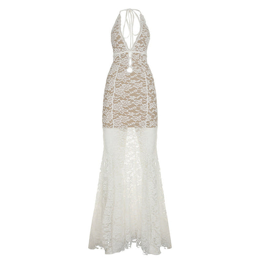 Vacation Sexy Lace Back Hollow Out Cutout out Strap Halter Deep V Plunge neck Slim Fit Dress Sexy See through Dress