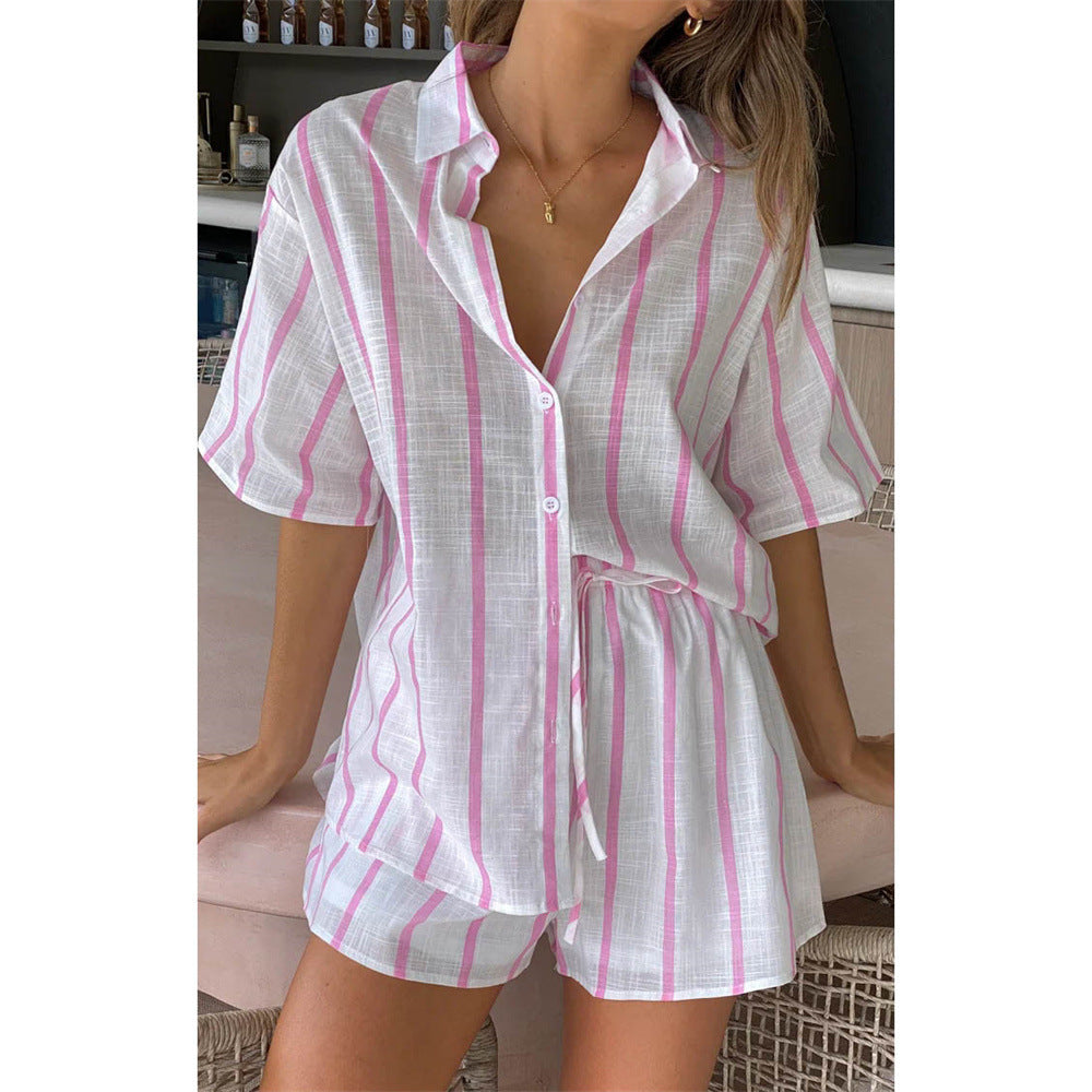 Camisa de manga corta con estampado de rayas para primavera y verano, traje informal de playa de dos piezas para mujer