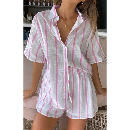 Camisa de manga corta con estampado de rayas para primavera y verano, traje informal de playa de dos piezas para mujer