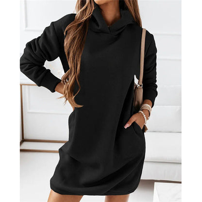 Vestido de otoño-invierno para mujer, ropa nueva con capucha, estilo hipster, manga larga, color liso, talla grande