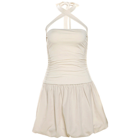 Summer Women Waist Slimming Solid Color Halter Lace up Backless Sexy Dress Puffy dress