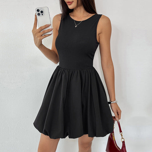 Sweet Bud All Matching Sleeveless Slim Slimming Solid Color Dress