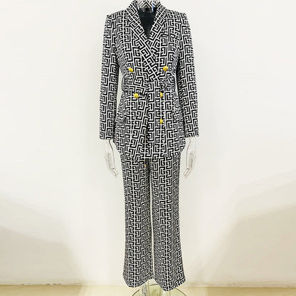 Blazer cruzado de longitud media con cuello de fruta verde y estampado de laberinto de cinturón