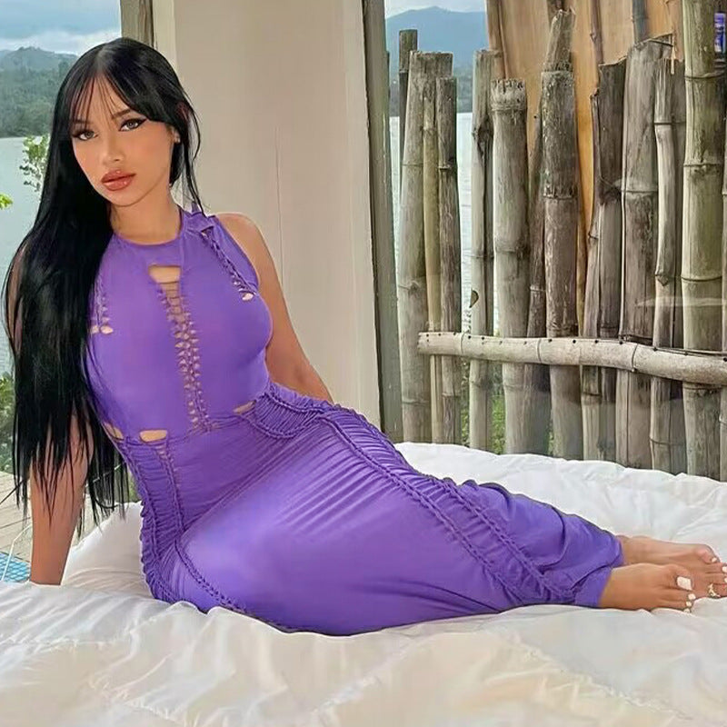 Vestido de verano sin mangas con cuello redondo y aberturas en color liso para mujer