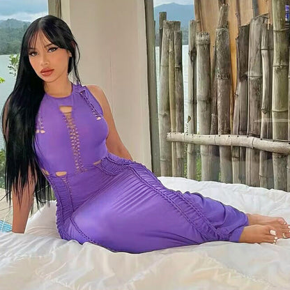 Vestido de verano sin mangas con cuello redondo y aberturas en color liso para mujer