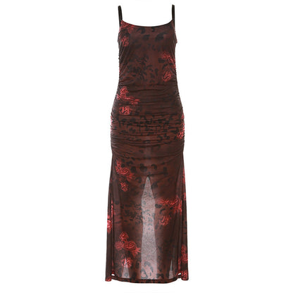 Vestido elegante de verano para mujer, con tirantes, estampado floral retro, abertura y corte entallado.