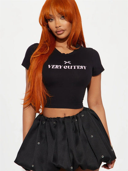 Camiseta corta de manga corta con cuello redondo sexy y corte ajustado de otoño