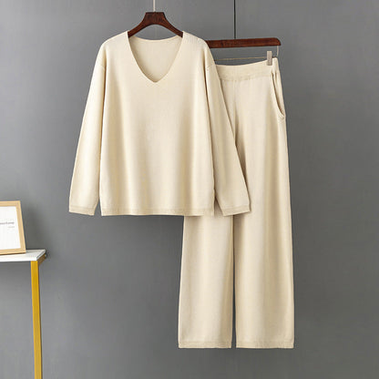 Traje de seda helada con cuello en V de color liso para primavera y otoño, suéter informal de dos piezas con cintura alta y holgado
