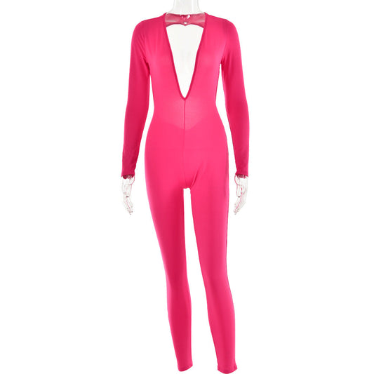 Leggings de manga larga con escote en V profundo de otoño para mujer, mono ajustado sexy sin espalda