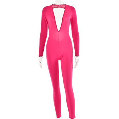 Leggings de manga larga con escote en V profundo de otoño para mujer, mono ajustado sexy sin espalda