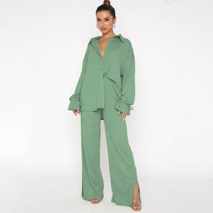 Traje de pantalón elegante para mujer, top de manga larga con lazo y cuello polo de color liso para otoño e invierno