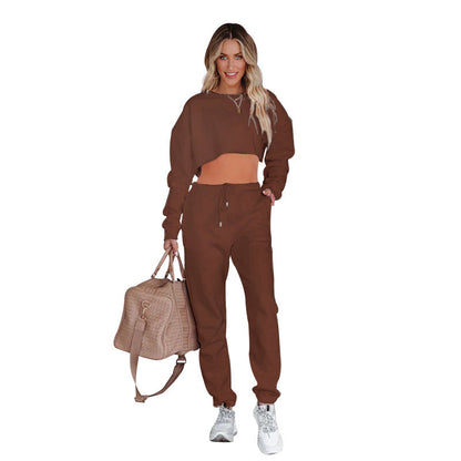 Suéter de cuello redondo de color liso para otoño e invierno, suéter corto de manga larga, ropa de mujer, pantalones casuales con cordón, traje