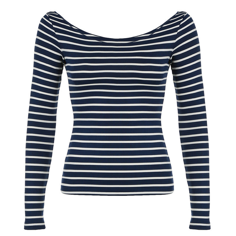 Blusa de manga larga, ligera, ajustada y a rayas con hombros descubiertos, sexy, sencilla, combinable y casual.