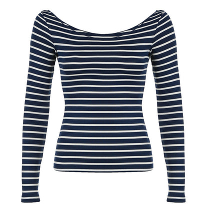Blusa de manga larga, ligera, ajustada y a rayas con hombros descubiertos, sexy, sencilla, combinable y casual.