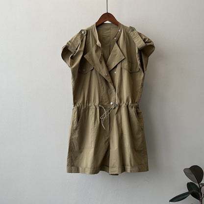 High Waist Drawstring Cargo Overalls Women Summer Stand Collar Flying Sleeves Shirt Romper