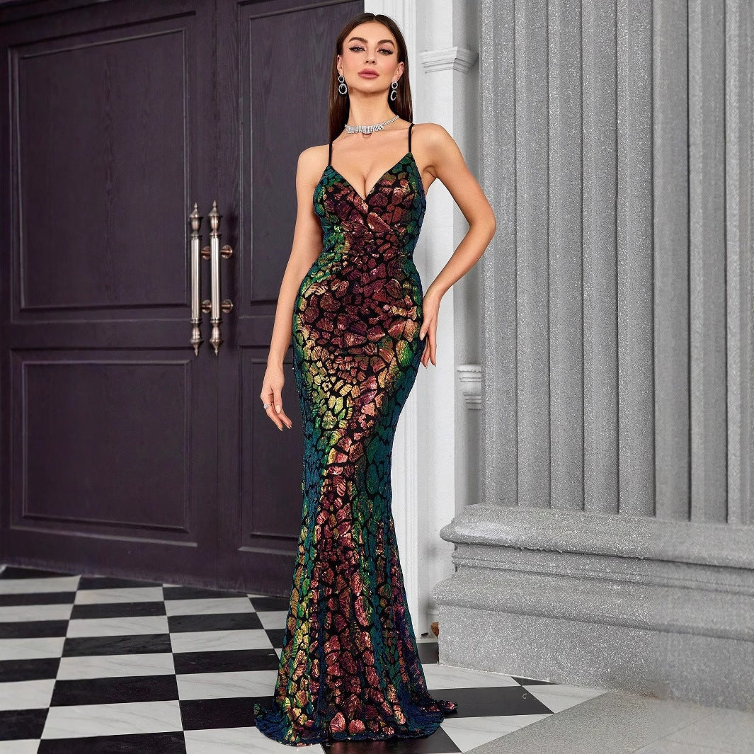 Vestido de noche con escote en V y tirantes, vestido elegante de cola de pez para fiesta anual, vestido formal para anfitriona de fiesta para mujer
