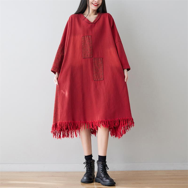 Suéter largo con borlas y cuello en V, parche de lunares lavados, vestido de manga larga adelgazante