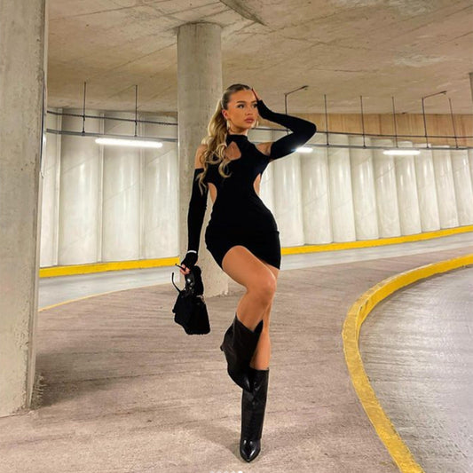 Vestido ajustado con cuello halter y hombros descubiertos, sexy, de color liso, para otoño e invierno, para mujer
